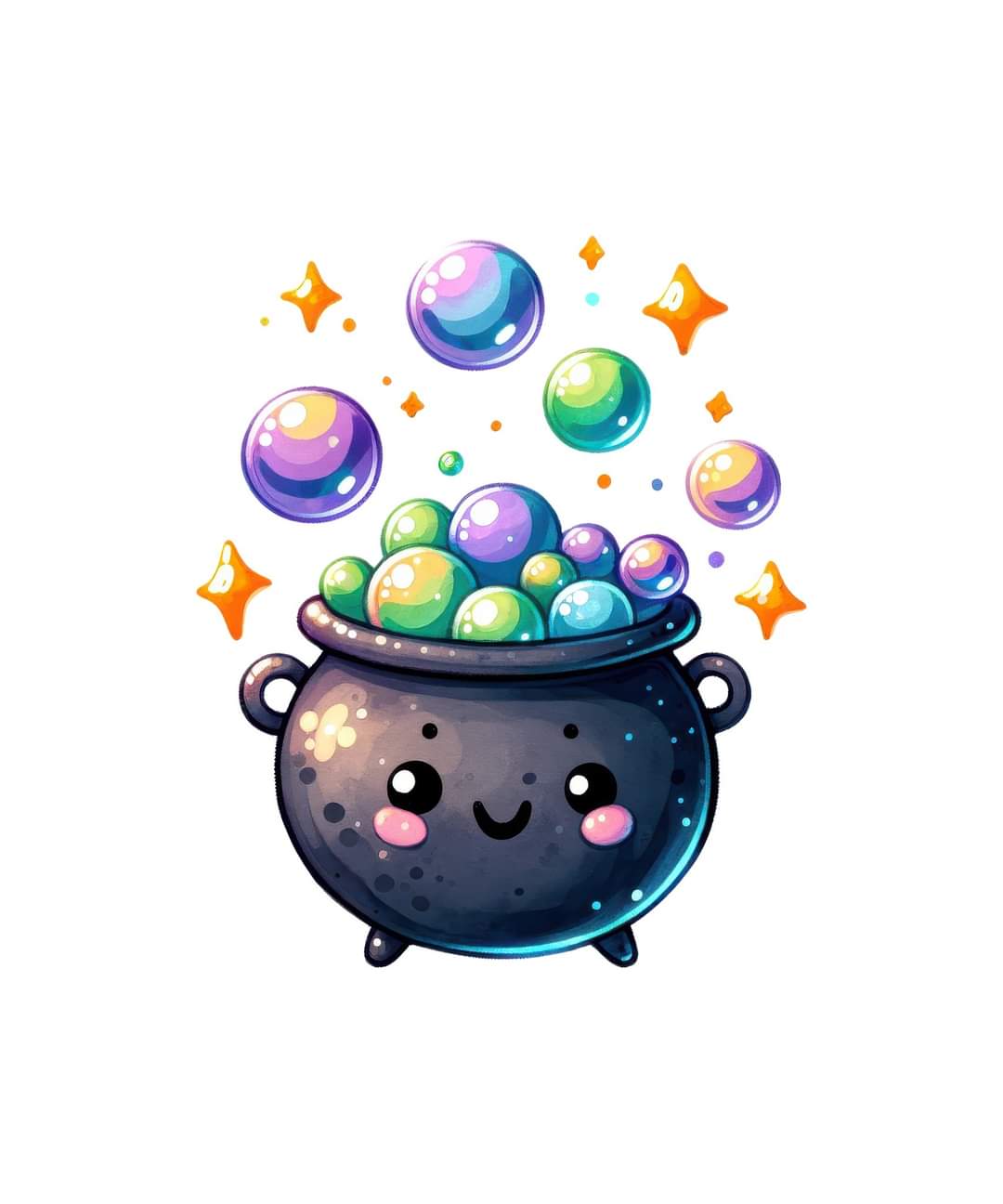 Kawaii black cauldron smiling with colorful blubbles