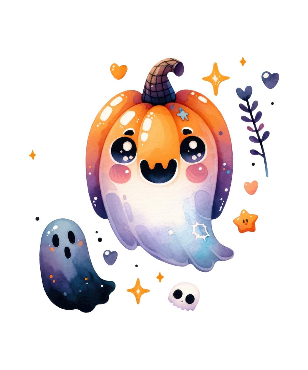 Kawaii ghost with a pumpkin head and a black ghost in the back